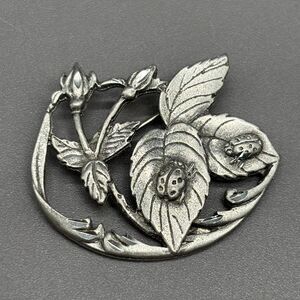 Pewter Ladybug Brooch Sisk Leaf Nature Pin Botanical Round Insect 2000s